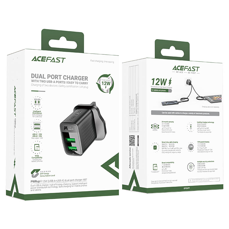 ACEFAST A87 12W (USB-A+USB-A) Dual Port Charger (UK)