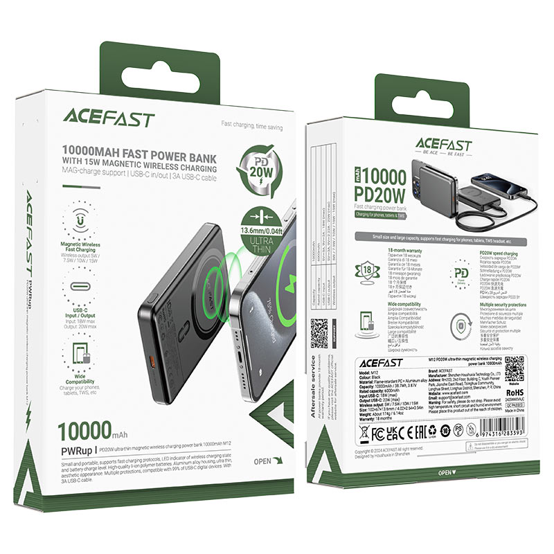 ACEFAST M12-10000 PD20W Ultra-Thin Magnetic Wireless Charging Power Bank