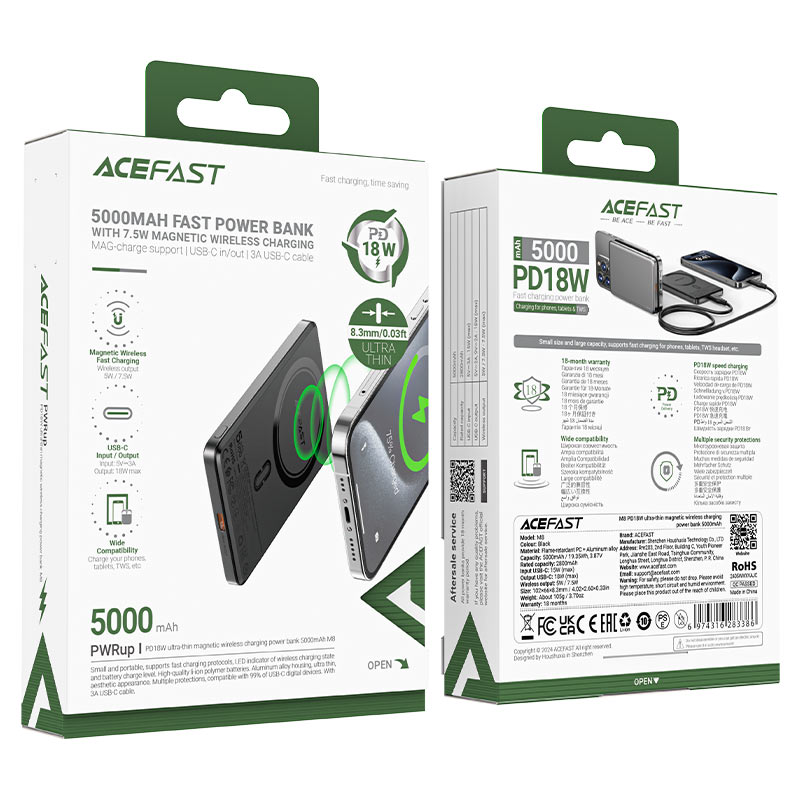 ACEFAST M8-5000 PD18W Ultra-Thin Magnetic Wireless Charging Power Bank