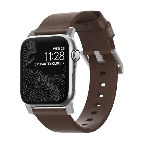 Nomad Modern Leather Strap for All Apple Watch Series ( 44mm / 42 mm) - Brown Strap + Silver Hardware - Oribags