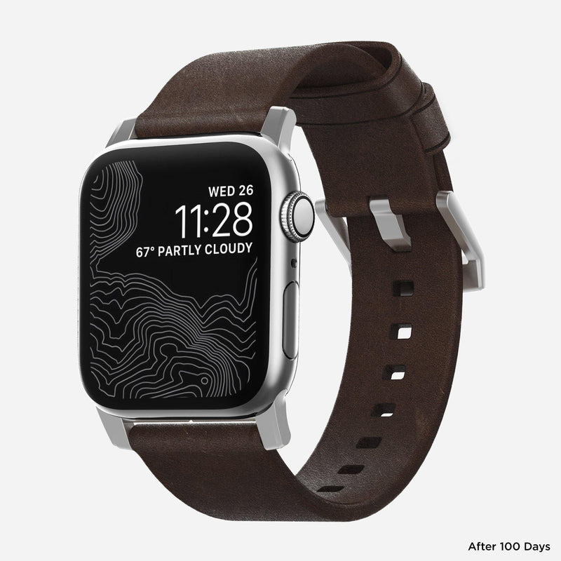 Nomad Modern Leather Strap for All Apple Watch Series ( 44mm / 42 mm) - Brown Strap + Silver Hardware - Oribags.com