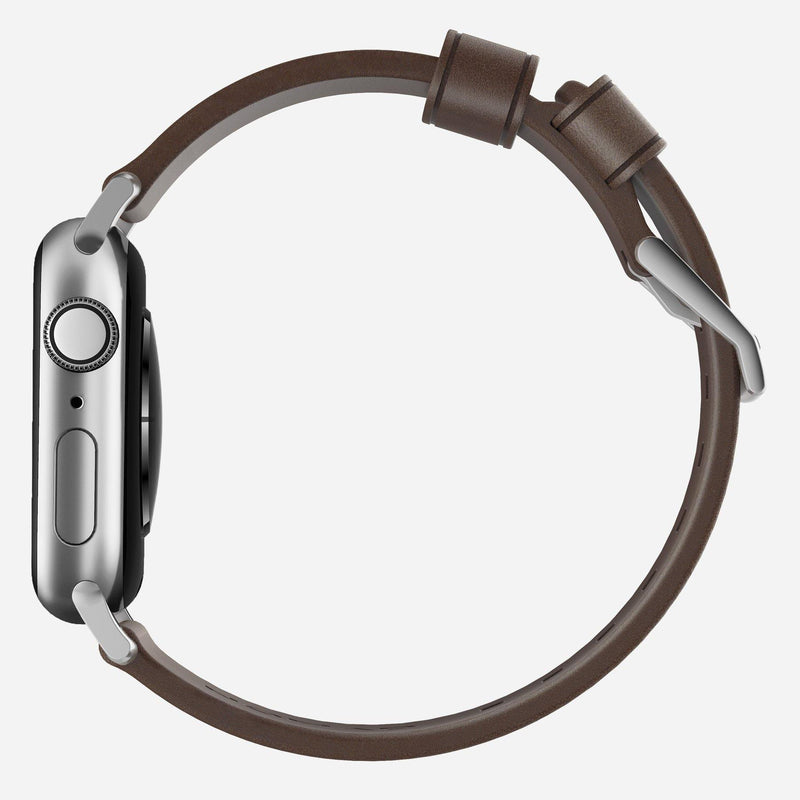 Nomad Modern Leather Strap for All Apple Watch Series ( 44mm / 42 mm) - Brown Strap + Silver Hardware - Oribags.com